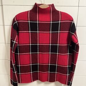 TAHARI Women Long Sleeve Mock Neck Sweater Size M Red/Black/White Plaid